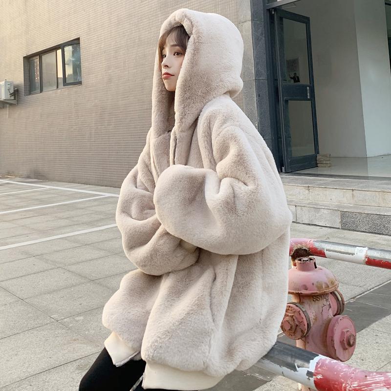 12892341.韩版宽松毛绒绒皮草女冬仿獭兔毛皮草中长款加厚连帽