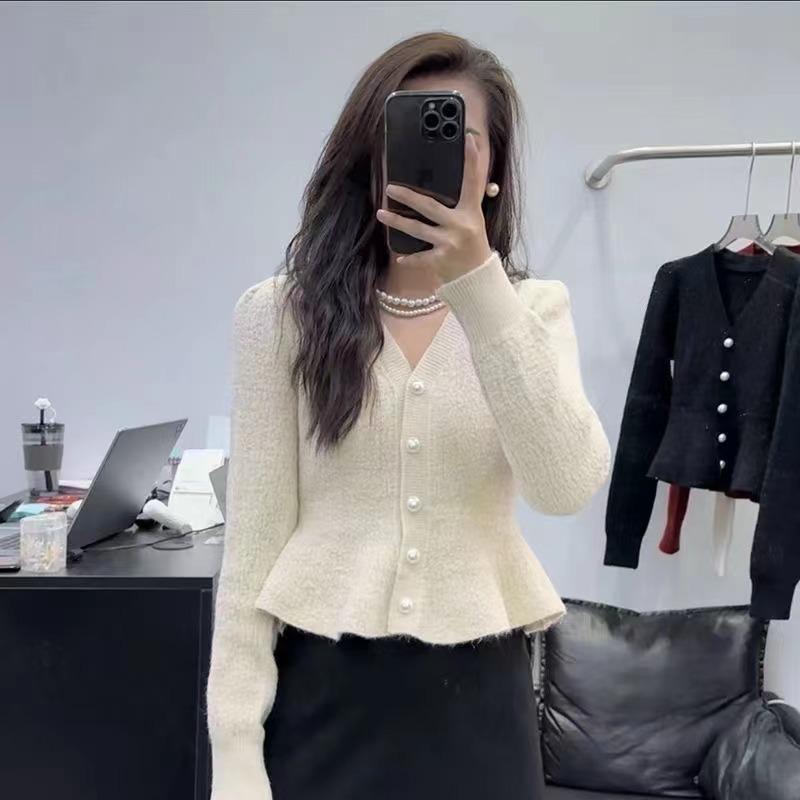 12892499.秋冬收腰气质V领针织开衫女长袖修身显瘦上衣针织衫