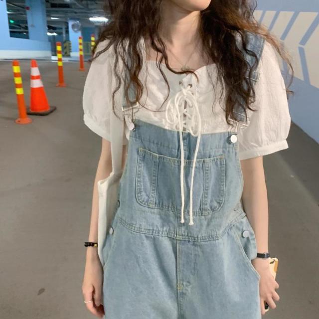 12891532.春季韩版显高显瘦高腰宽松减龄水洗长裤牛仔背带裤女