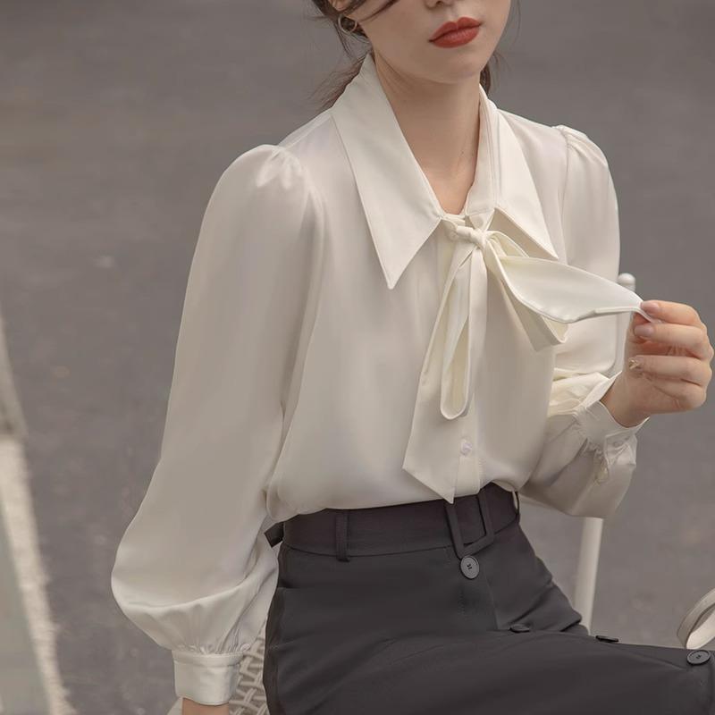 12891216.春秋灯笼袖蝴蝶结衬衫白色内搭衬衣女正装系带设计感上衣衬衫