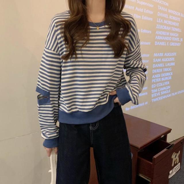 12891915.条纹长袖薄款卫衣女装秋季设计感时尚洋气别致上衣潮