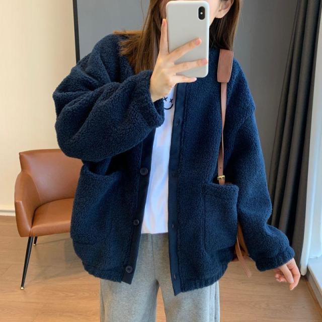 12889996.仿羊羔毛外套女装秋冬超好看摇粒绒保暖棒球服上衣