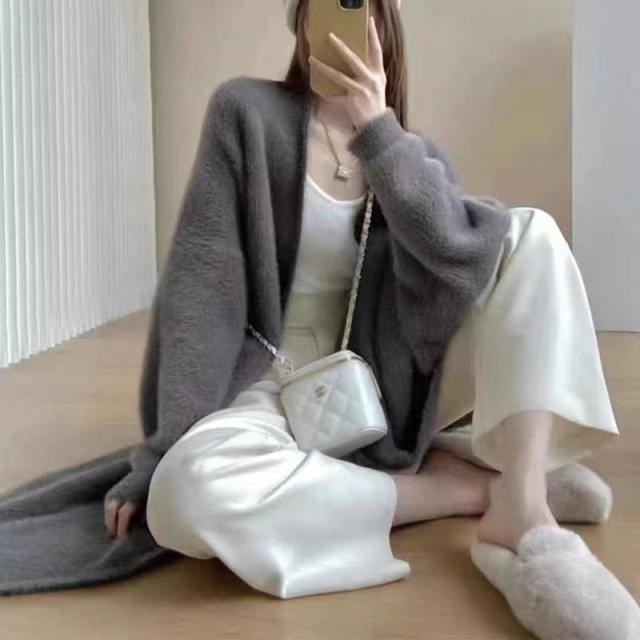 12889424.仿水貂绒过膝长款外套大衣女秋冬宽松慵懒风长袖外套外套