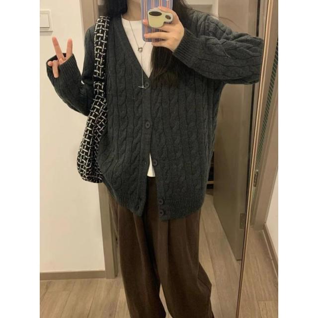12893926.V领毛衣开衫女秋冬慵懒风宽松复古软糯麻花毛衣