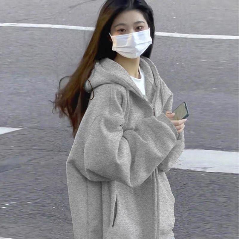 12888838.春秋黑色连帽卫衣女宽松慵懒风加绒小众上衣韩版外套
