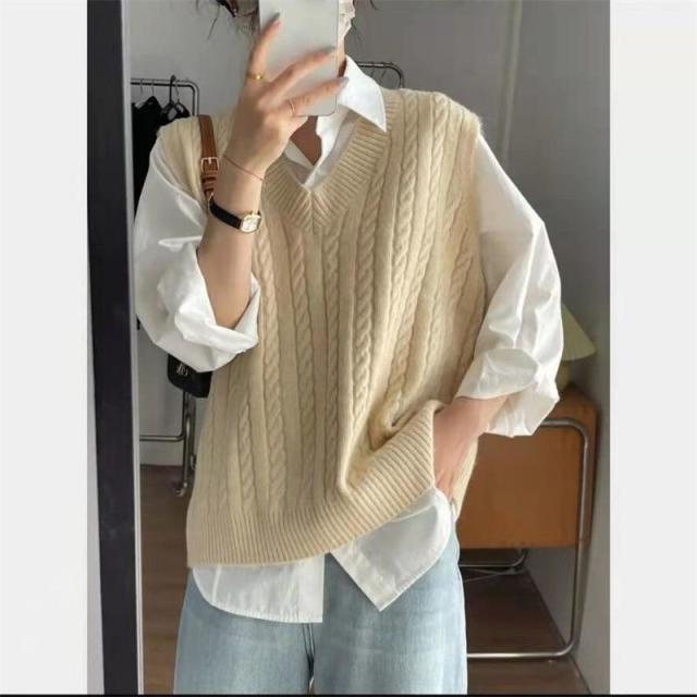 12890057.V领针织马甲毛衣女春秋季叠穿宽松大码背心无袖上衣外搭