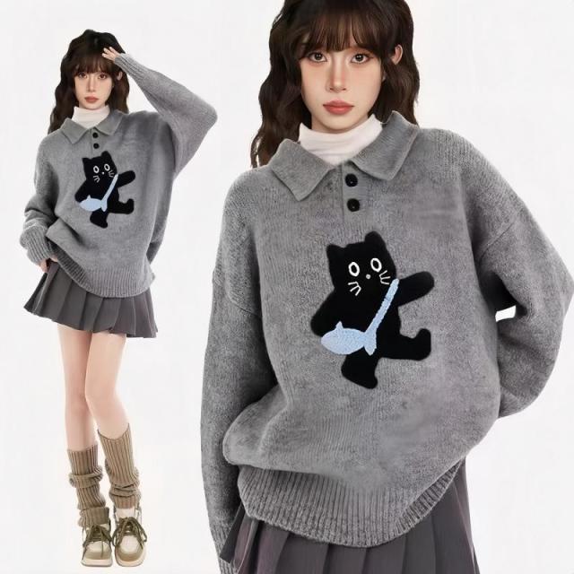 12891278.灰色翻领猫咪套头毛衣女秋冬加厚宽松慵懒羊毛针织衫外穿秋季