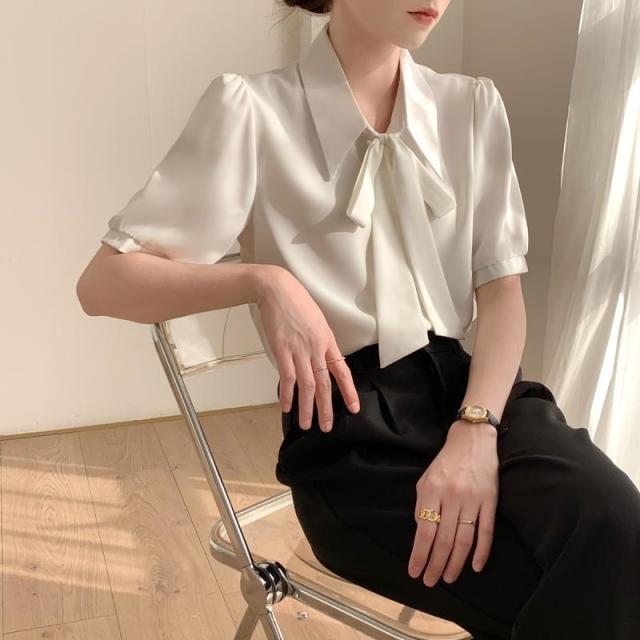 12891216.春秋灯笼袖蝴蝶结衬衫白色内搭衬衣女正装系带设计感上衣衬衫