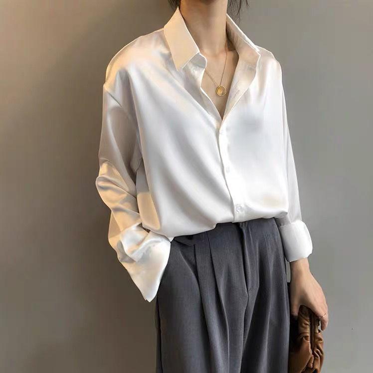 12890294.白色衬衫女秋冬设计感小众缎面衬衣百搭复古港味气质长袖垂感上衣