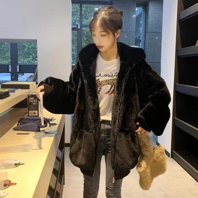 12892341.韩版宽松毛绒绒皮草女冬仿獭兔毛皮草中长款加厚连帽
