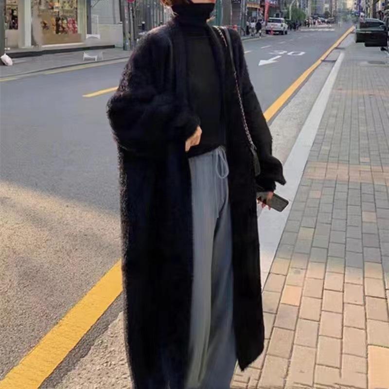 12889424.仿水貂绒过膝长款外套大衣女秋冬宽松慵懒风长袖外套外套