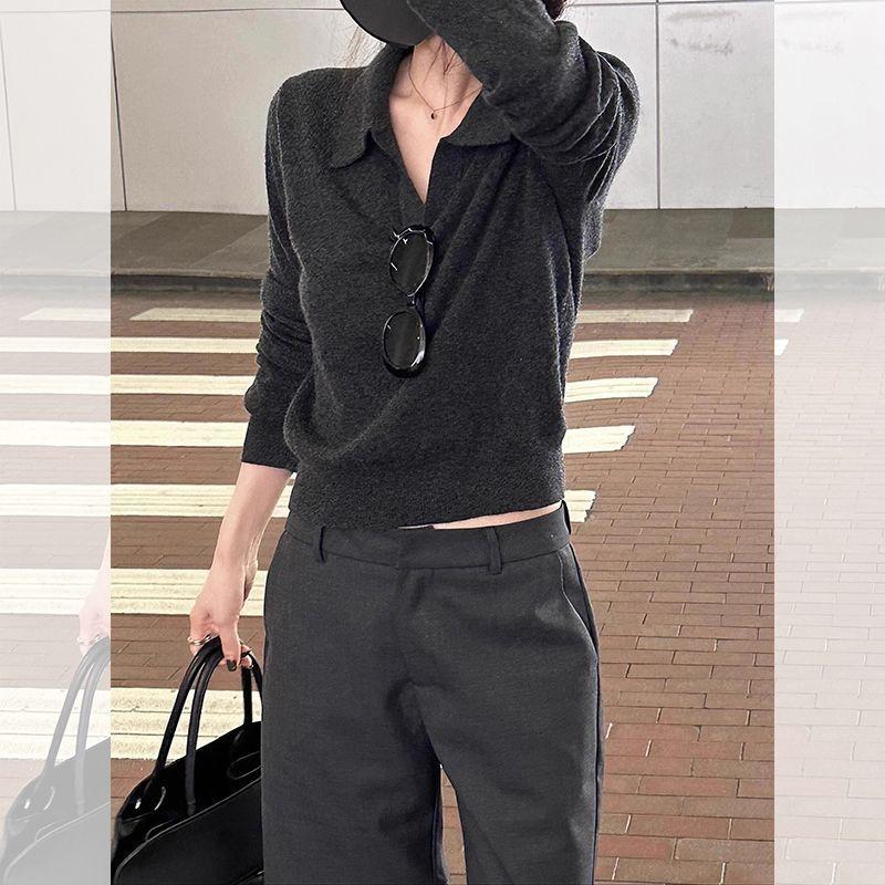 12891279.深灰色老钱风Polo衫女早秋穿搭感polo衫秋季内搭打底长袖上衣