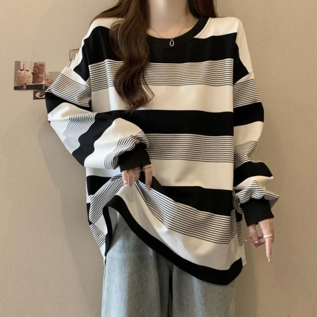 12890028.丽茹姗 美式复古条纹薄款卫衣女款秋季显瘦胖mm遮肚宽松上衣