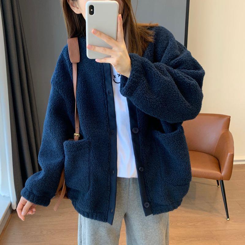 12889996.仿羊羔毛外套女装秋冬超好看摇粒绒保暖棒球服上衣