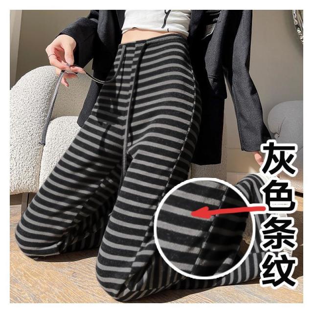 12893983.黑色条纹微喇叭裤女加长高腰显瘦慵懒风休闲裤