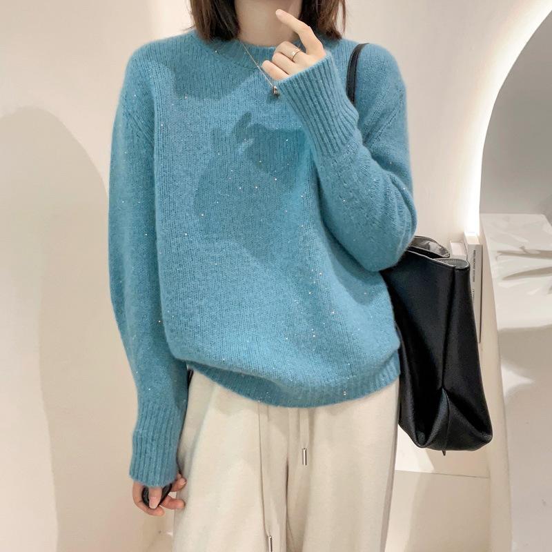 12892860.软糯时尚百搭圆领长袖秋冬毛衣女宽松针织内搭毛衣