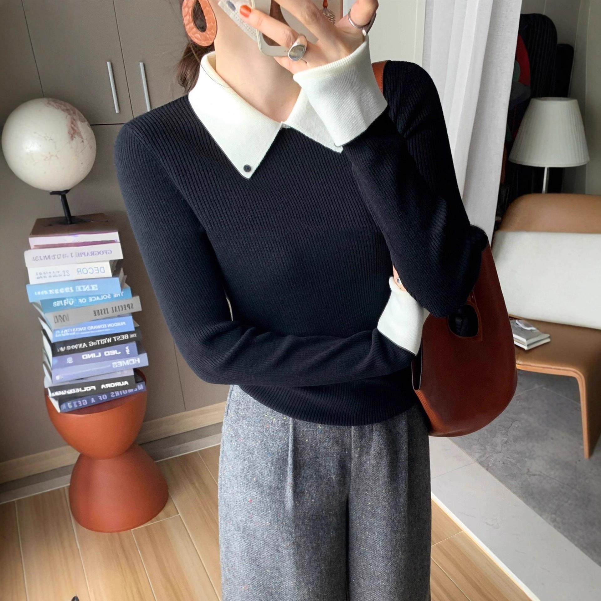 12891255.假两件针织打底衫女秋冬短款毛衣内搭长袖上衣服