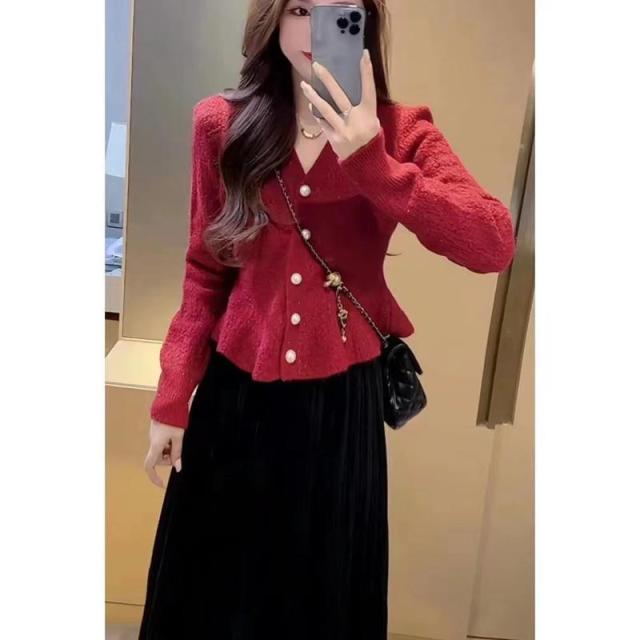 12892499.秋冬收腰气质V领针织开衫女长袖修身显瘦上衣针织衫