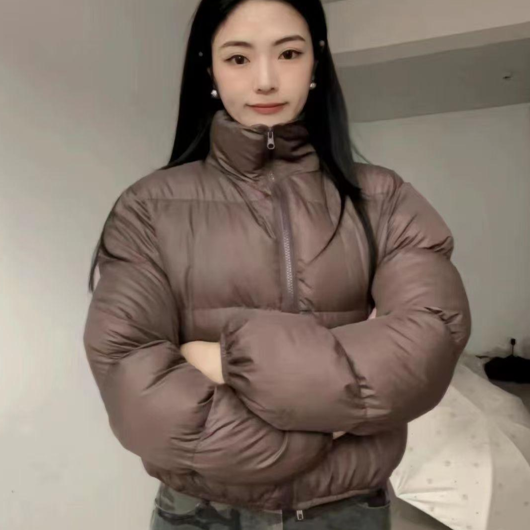 12889439.美式短款女冬季棉衣小个子纯色立领棉衣加厚保暖