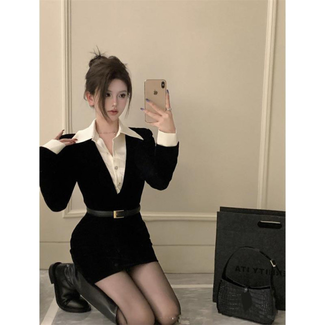 12891008.假两件御姐风连衣裙黑色收腰显瘦秋冬纯欲风辣妹包臀连衣裙女
