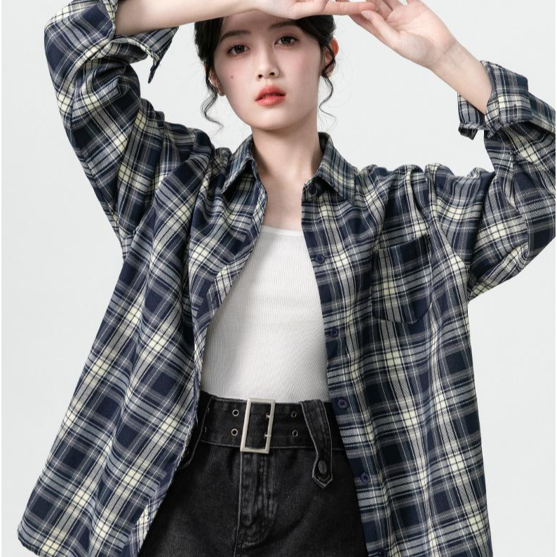 12889961.慵懒风复古格子衬衫女秋季韩版宽松长袖衬衫开衫上衣