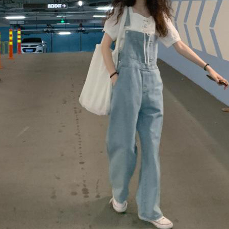 12891532.春季韩版显高显瘦高腰宽松减龄水洗长裤牛仔背带裤女
