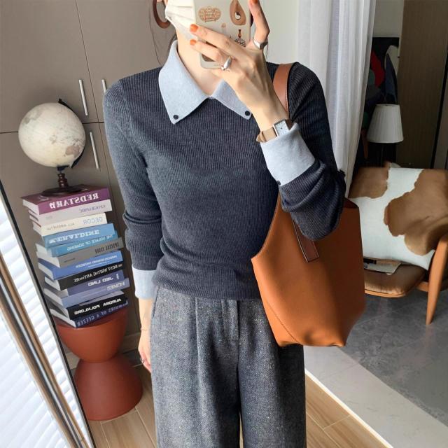 12891255.假两件针织打底衫女秋冬短款毛衣内搭长袖上衣服