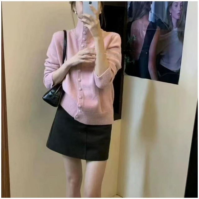12890330.高领针织开衫女秋冬季复古韩系慵懒风感宽松针织衫