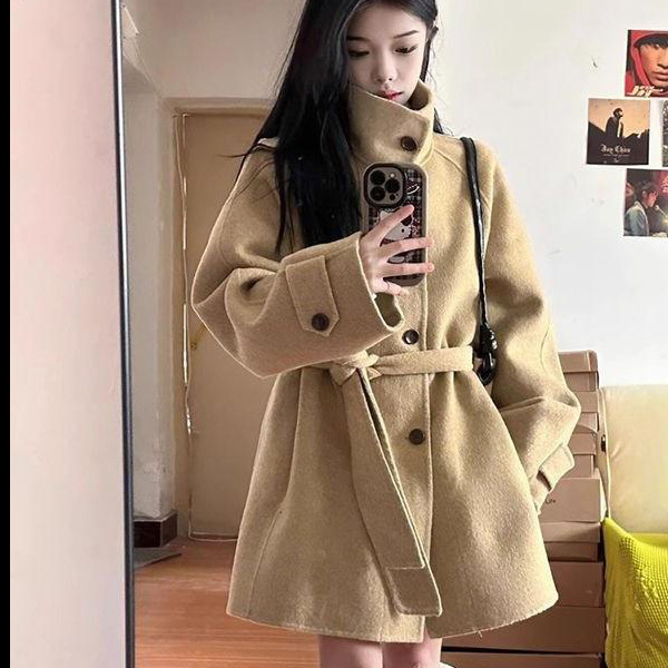 12892317.立领感呢子大衣女秋冬感毛呢外套韩系小个子宽松上衣