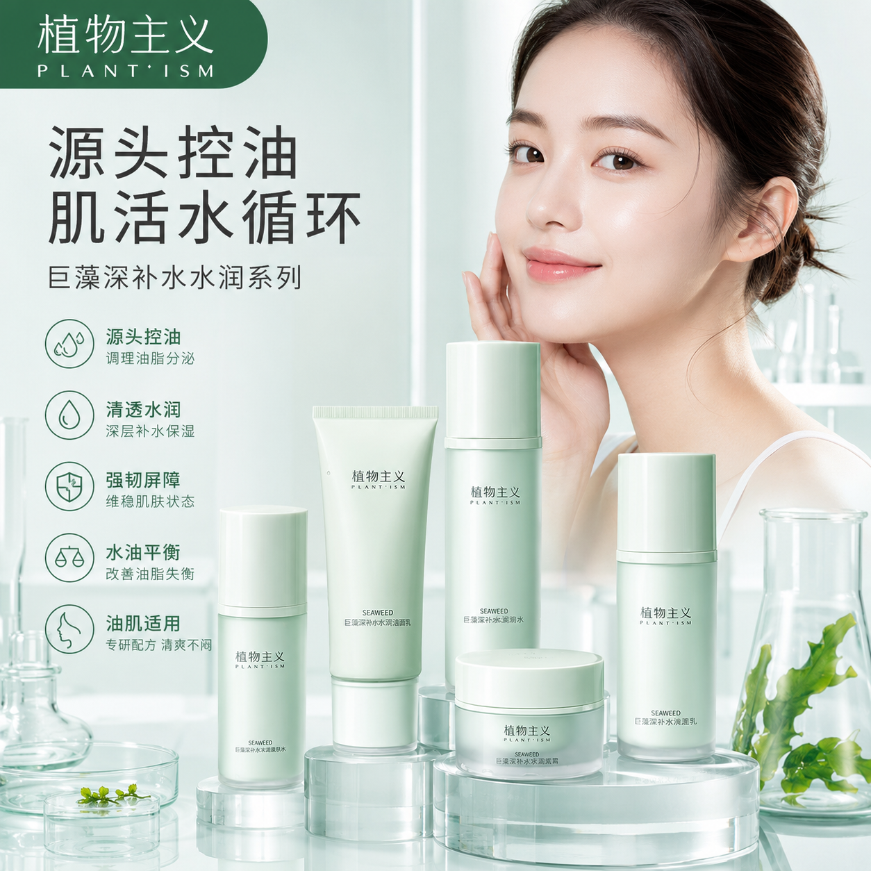 7835299.【送礼袋+洗脸巾】植物主义巨藻洁面水乳面霜全套 补水保湿舒缓干皮滋润温和基础护理护肤品