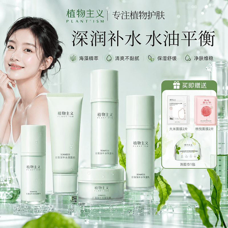 6673682.【拍5件套赠洗脸巾和面膜】植物主义 巨藻补水套装 护肤品补水保湿洗面奶水乳精华面霜组合
