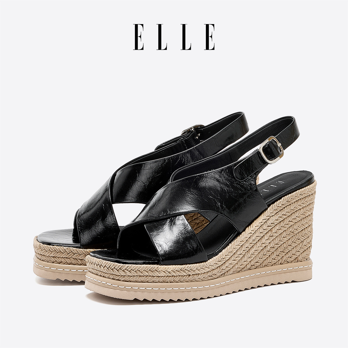 11816250.ELLE牛皮革厚底坡跟凉鞋女夏季配裙子高级感外穿增高百搭休闲凉鞋