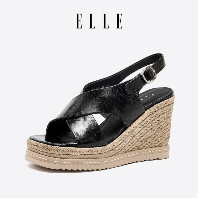 11816250.ELLE牛皮革厚底坡跟凉鞋女夏季配裙子高级感外穿增高百搭休闲凉鞋