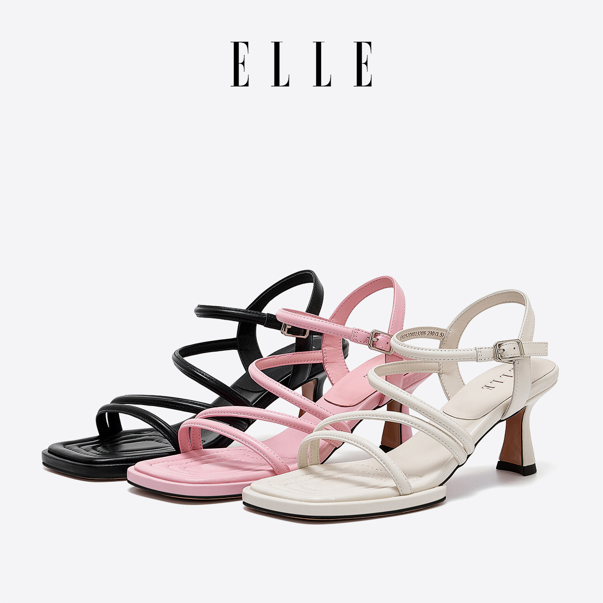 11875785.ELLE细跟牛皮革凉鞋女2025新款夏季外穿中跟高跟鞋粉色凉鞋