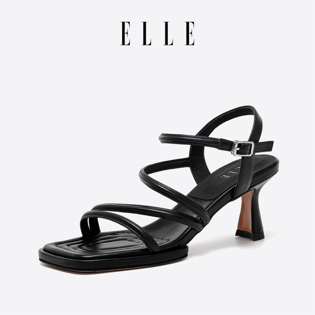 11875785.ELLE细跟牛皮革凉鞋女2025新款夏季外穿中跟高跟鞋粉色凉鞋