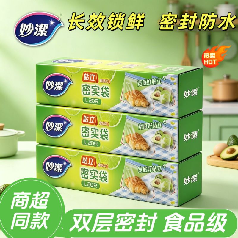 13618676.【妙洁官方旗舰店】(买即赠记号i笔)妙洁站立式密实袋家用食品级保鲜袋厨房冰箱冷藏分装袋自封收纳袋