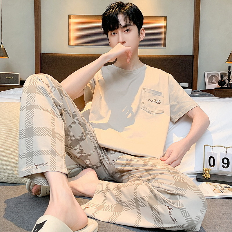 11762971.少宜睡衣套装家居服夏季纯棉可外穿薄款短袖长裤简约休闲男士新款可外出大码居家春秋亲肤加大加肥基础宽松柔软