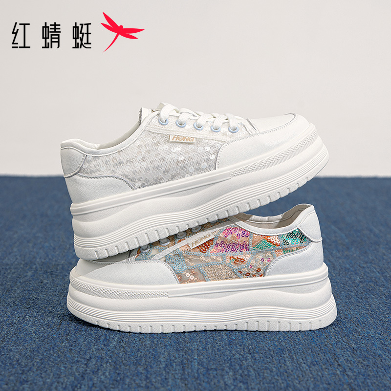 13675663.红蜻蜓 【网面透气】5.5CM厚底增高小白鞋亮片网面鞋女运动休闲鞋(脚宽胖拍大一码)
