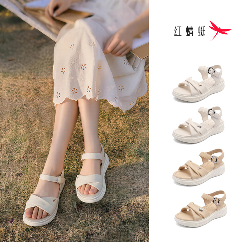 13628109.【时尚百搭】红蜻蜓夏季新款蝴蝶+蜻蜓扣件女鞋纯色简约女凉鞋厚底增高沙滩凉鞋