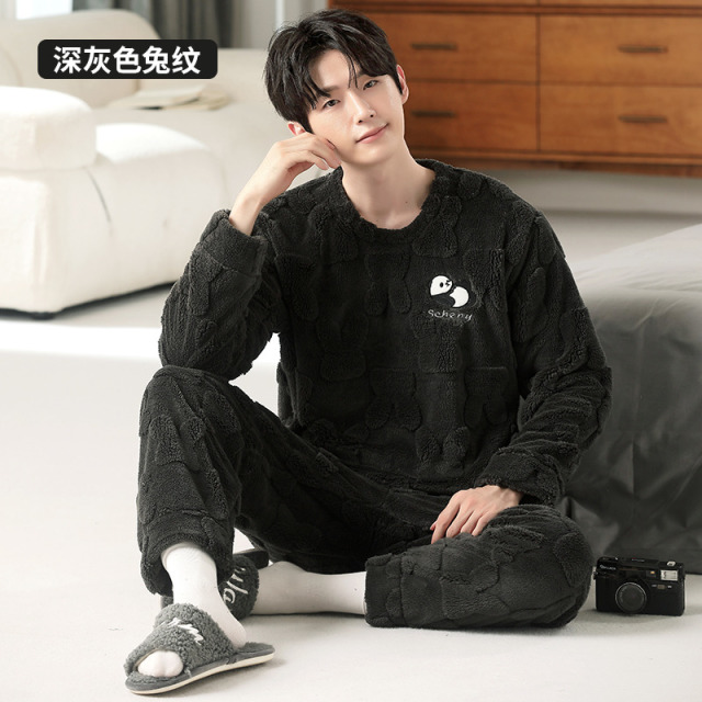 12706193.培蒙睡衣男士秋冬新款加绒加厚珊瑚绒青少年男式家居服套装