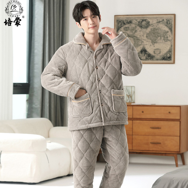 12871694.培蒙睡衣男冬季三层夹棉加厚保暖珊瑚法兰绒可外穿家居服中年爸爸套装