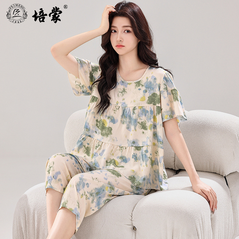 13141249.【超值清仓】培蒙睡衣女款夏季薄款绵绸清新可爱家居服宽松可外穿短袖7分裤睡衣套装