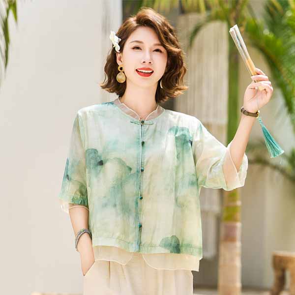 12200058.妈妈装夏装薄款时尚复古国风中老年女装气质上衣