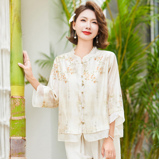 12200050.夏季薄款时尚复古国风中老年妈妈女装洋气气质上衣