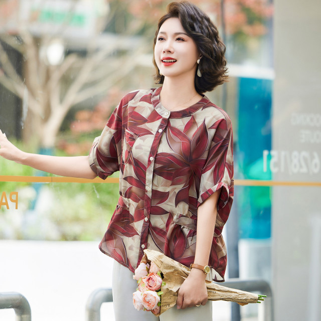 12199817.中老年妈妈短袖衬衫时尚圆领上衣中年女式夏装小衫