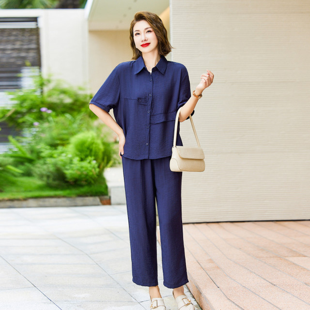 13513924.妈妈夏装时尚中袖衬衫+休闲裤两件套中老年女装夏季新款休闲套装