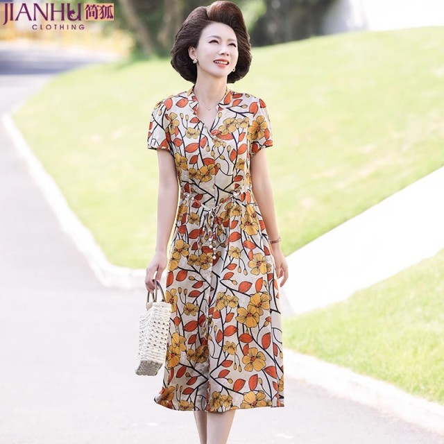 11800283.妈妈优雅气质连衣裙夏装洋气裙子中老年妈妈装花色高贵长裙女