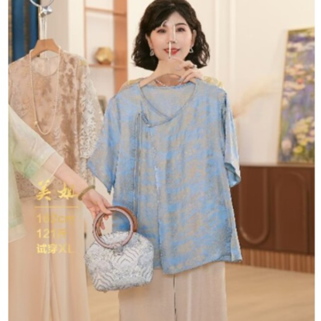 12199737.中年妈妈夏装国风短袖T恤中老年女装宽松小衫上衣服
