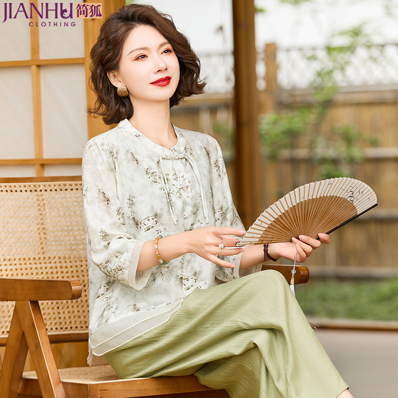 12199627.中年妈妈夏装国风上衣洋气中老年女装小衫