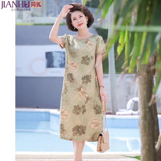 13657965.妈妈印花棉麻连衣裙中老年夏季女装气质洋气长裙中年裙子